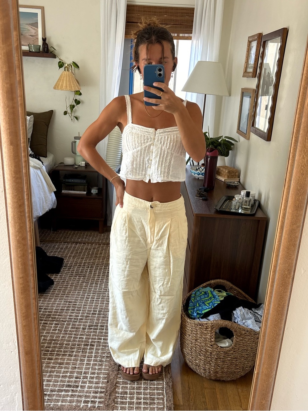 Free People Cream Wide-Leg Linen-Blend Pants